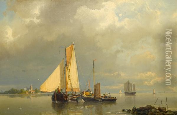 Dutch Barges Becalmed In The Estuary Andtransferring Cargo Oil Painting - Johannes Hermann Barend Koekkoek