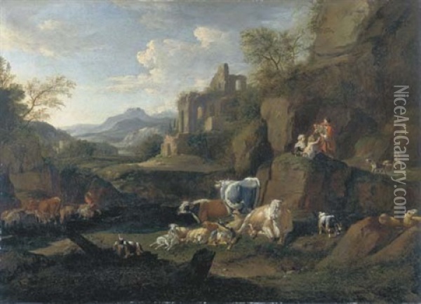Paesaggio Fluviale Con Pastori, Armenti E Rovine In Lontananza Oil Painting - Johann Heinrich Roos