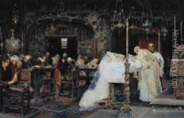 Die Erste Kommunion - Hl. Messe In Der Kathedrale Von Sevilla Oil Painting - Jose Gallegos Y Arnosa
