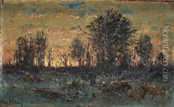 French Winter Landscape With Figure Oil Painting - Per Ekstroem