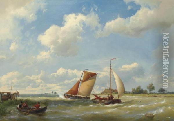 Dutch Barges In Choppy Waters Oil Painting - Hermanus Koekkoek