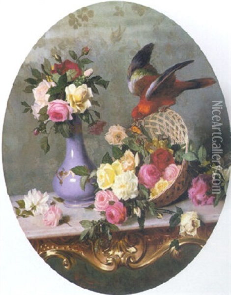 Still Life With Roses, Butterfly And A Parrot Oil Painting - Oreste Costa