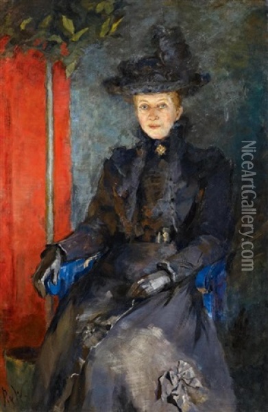 Portrait Einer Vornehmen Dame Im Schwarzen Kleid Oil Painting - Paula Freiin Von Wachter