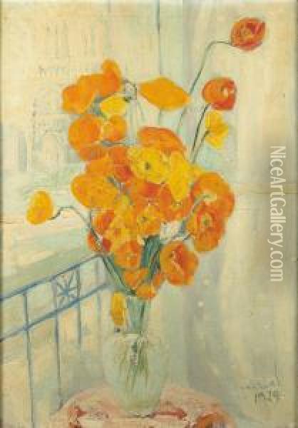 Bouquet De Renoncules Devant Une Fenetre Ouverte Oil Painting - Jacqueline Marval