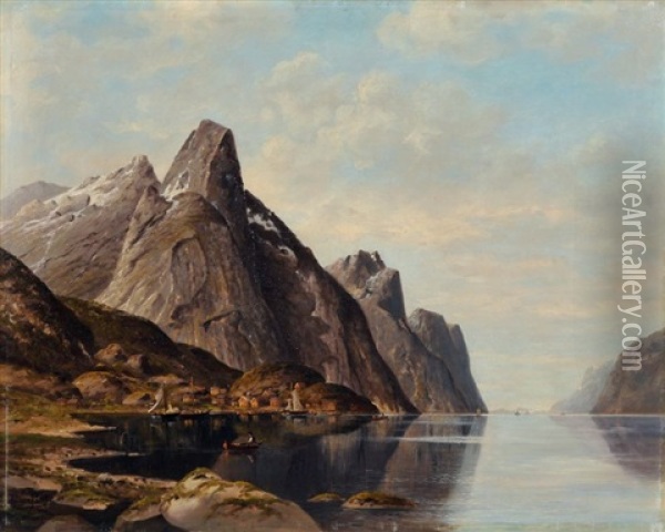 Norwegische Fjordlandschaft Mit Fischerbooten Oil Painting - Jacobus Johannes Van Poorten