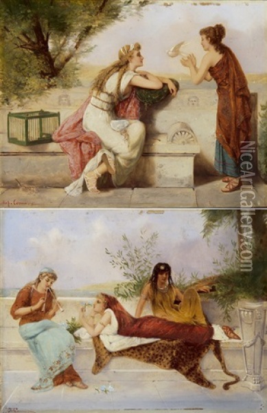 Die Brieftaube (+ Das Flotenspiel; Pair) Oil Painting - Joseph Coomans