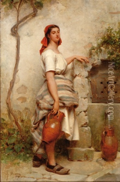 Young Woman With Water Jars By A Well Oil Painting - Charles Moreau