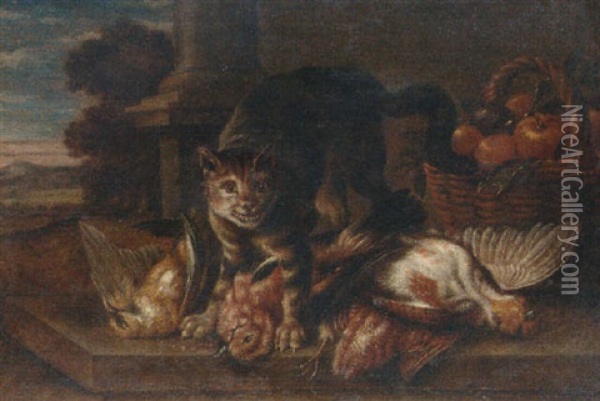 Cat With Game, And A Basket Of Apples In A Ledge, An Extensive Landscape Beyond Oil Painting - Jan Fyt
