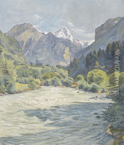 Sommerliche Flusspartie In Einem Alpental Oil Painting - Paul Schuerch