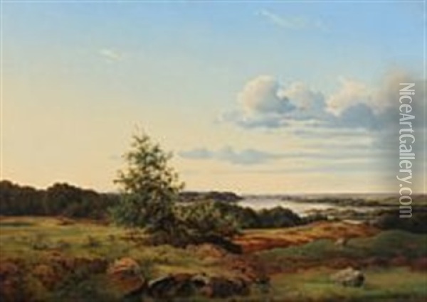 Landscape With A View Of A Lake Oil Painting - Peter Olsted