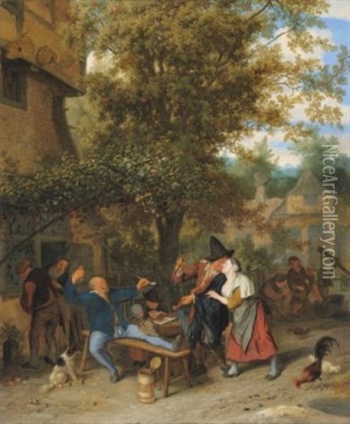 A Fiddler And Peasants Drinking And Carousing Outside A Village Inn Oil Painting - Cornelis Dusart