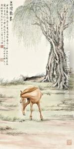 Horse Under The Willow Oil Painting - Zhao Shuru