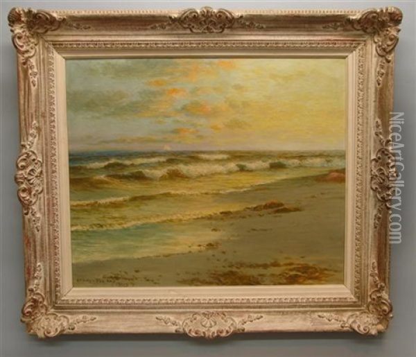 Sun Setting On Crashing Waves, Ships On Shoreline Oil Painting - George Howell Gay