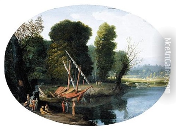 An Italianate River Landscape With Figures Gathered Round A Fire, Boats Moored Nearby Oil Painting - Filippo Napoletano