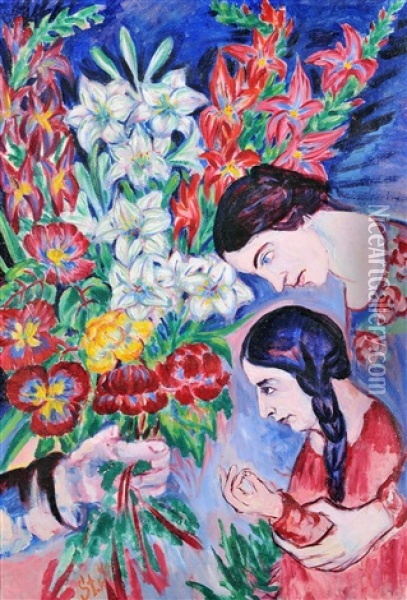 Blumengruss (bildnis Von Elisabeth Und Felicitas Mit Blumenstrauss) Oil Painting - Stanislaw Stuckgold