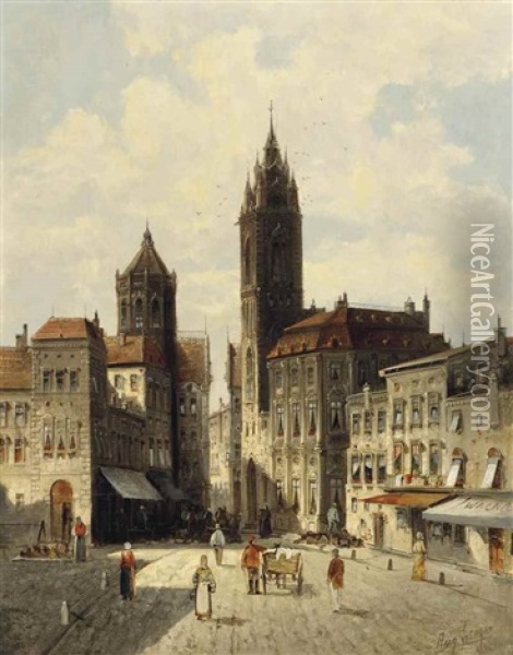 A Capriccio View Of Rathausplatz, Laufenburg Oil Painting - August Siegen