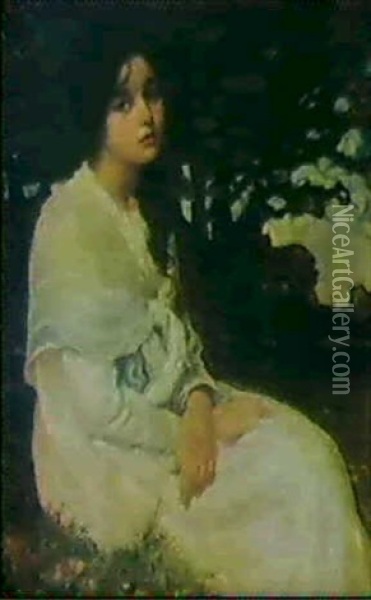 Ung Hvidklaedt Pige Siddende I Graesset Oil Painting - Thomas Edwin Mostyn