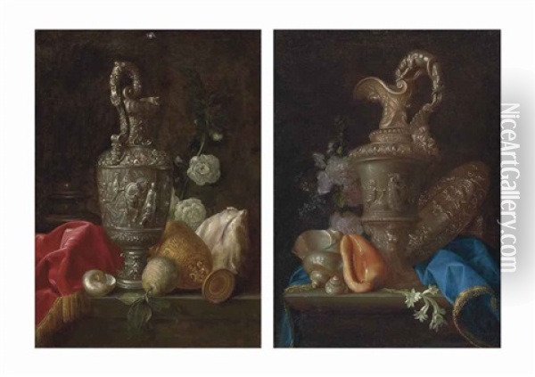 An Ornate Silver Ewer, A Gilt Chalice, Shells And A Quince, On A Partly-draped Stone Ledge (+ An Ornate Silver Ewer, A Silver Basin With The Judgement Of Paris, Shells And Flowers, On A Partly-draped Stone Ledge; Pair) Oil Painting - Meiffren Conte