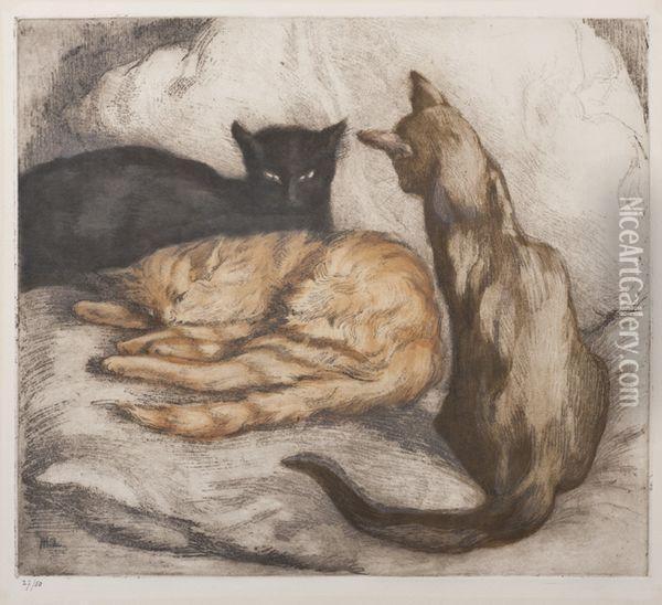 Les Trois Chats Oil Painting - Alfredo Muller