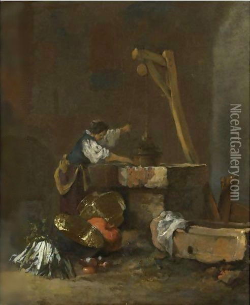 A Woman Pulling Water From A Well, A Pile Of Vegetables At Her Feet Oil Painting - Willem Kalf