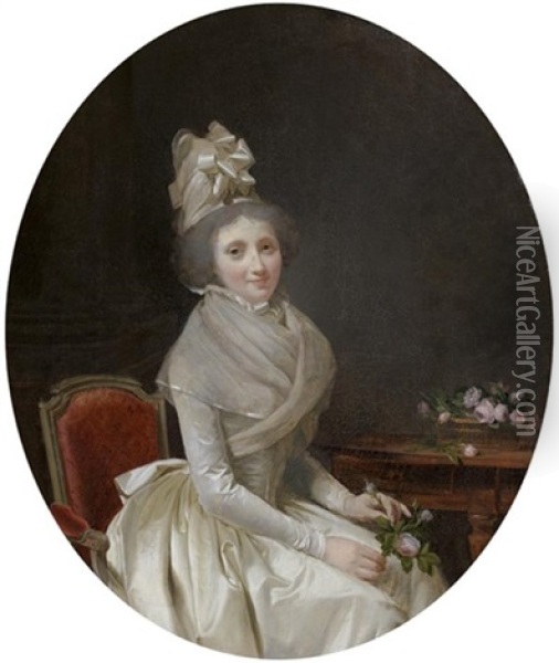 Portrait De L'epouse De L'artiste (?) En Robe Blanche, Une Rose A La Main Oil Painting - Louis Leopold Boilly