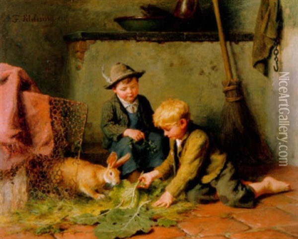 Zwei Knaben Einen Hasen Futternd Oil Painting - Felix Schlesinger