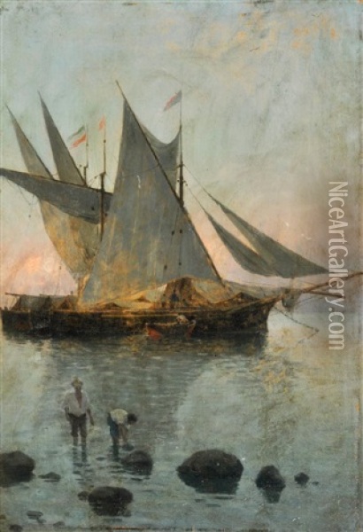 . (polla, Sa - Napoli 1933) Barche E Pescatori Oil Painting - Eduardo Monteforte