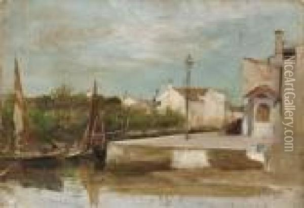 A Venetian Backwater Oil Painting - Henry Woods