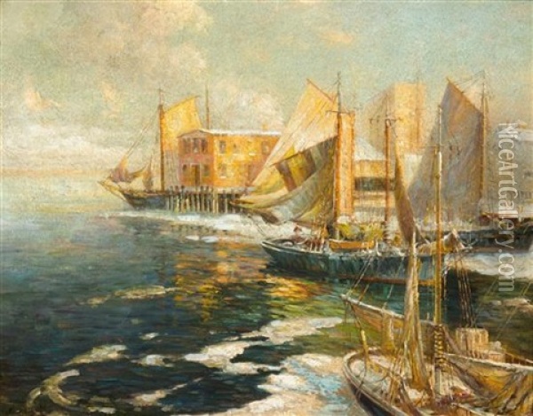 Winter,  Gloucester Harbor Oil Painting - Frederick J. Mulhaupt