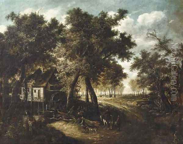 A wooded landscape with travellers approaching a watermill Oil Painting - Meindert Hobbema