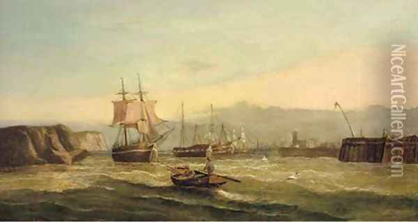 A trading brig and hulks at the harbour mouth Oil Painting - Edwin Hayes