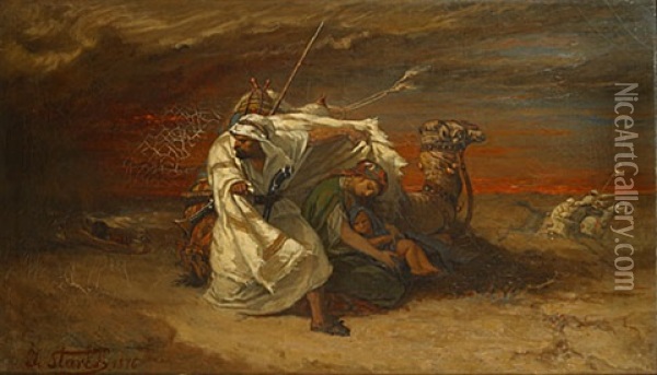 Arabische Ruiter Die Vrouw En Kind Beschermt (cavalier Arabe Protegeant Sa Famille) Oil Painting - Julius Josephus Gaspard Starck