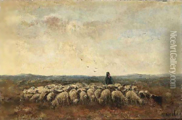 A Shepherd With His Flock Oil Painting - Taco Mesdag Kzn