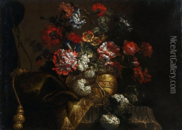 Gegenstucke: Blumenstillleben Mit Draperien Und Quasten (pair) Oil Painting - Jean-Baptiste Monnoyer