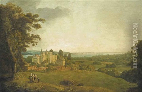 A View Of Powderham Castle, Devon, With Figures And Deer In The Park, The River Exe With Shipping Beyond Oil Painting - Francis Towne