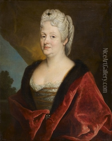 Portrait De Femme Au Drape Rouge Oil Painting - Nicolas de Largilliere