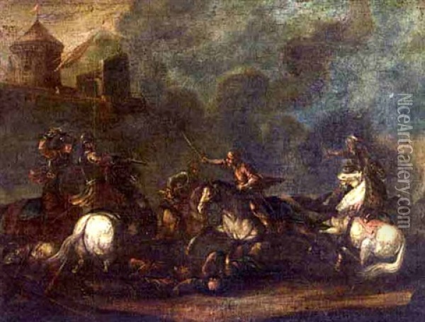 A Cavalry Skirmish On The Outskirts Of A Village Oil Painting - Jacques Courtois
