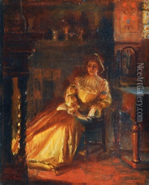 Young Woman At The Fireplace Oil Painting - Christian Valdemar Clausen