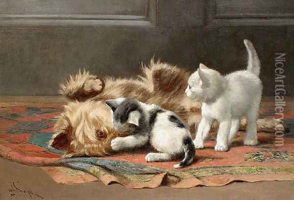 Playful Terrier and Kittens, circa 1880 Oil Painting - John Henry Dolph