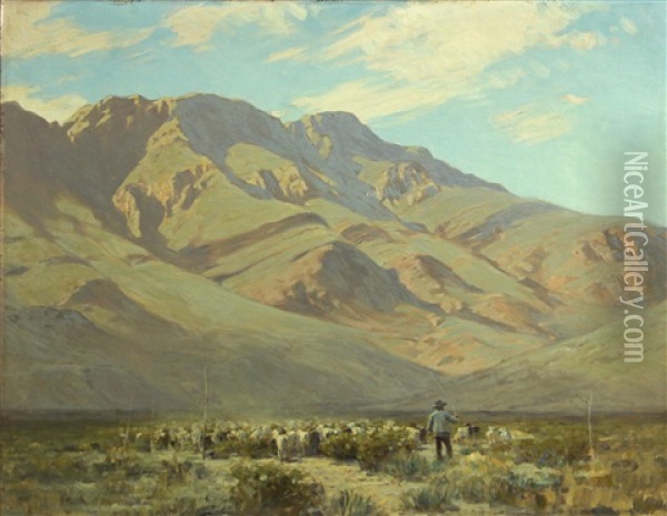 Shepard And His Flock With Mountains Beyond Oil Painting - Victor Coleman Anderson