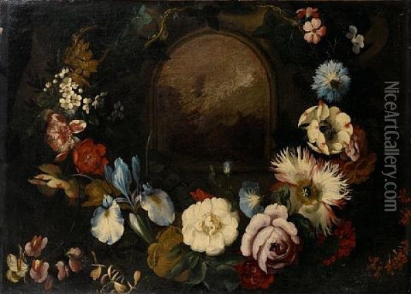 An Iris, A Rose, Honeysuckle And Other Flowers Oil Painting - Jan Peeter Brueghel