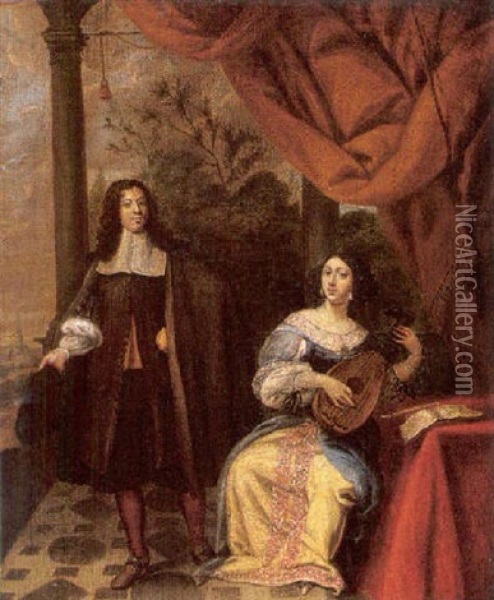 A Gentleman And A Lady With A Lute On A Balcony With A Landscape Beyond Oil Painting - Gerrit Dou