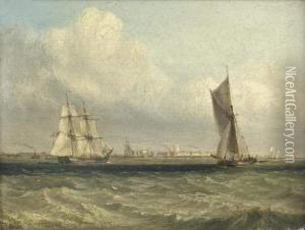 A Danish Trading Brig Off A Port, Thought To Be Antwerp Oil Painting - D. Roberts