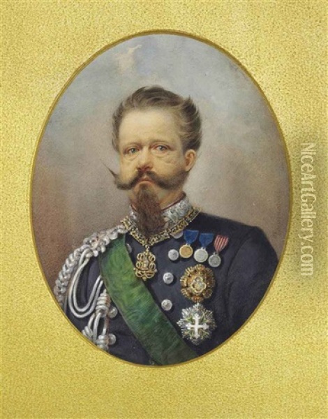 Vittorio Emanuele Ii (1820-1878), King Of Sardinia And Italy 1861-1878, In Blue Coat With Silver Collar And Aiguillette Oil Painting - Luis Ascensio Tomasini