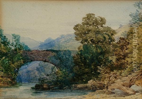 View Of A Bridge; Rural Landscape Oil Painting - William Callow
