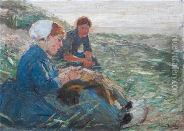 Two Peasant Girls In Field Oil Painting - Hans Von Bartels