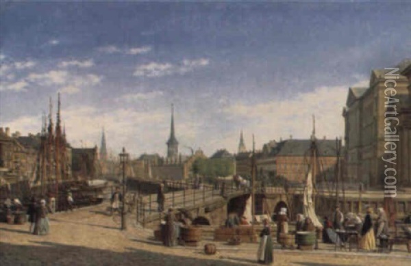 Fra H+jbro Plads, Gammel Strand Og Christiansborg Oil Painting - Heinrich Hansen