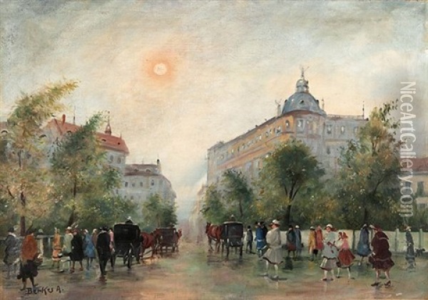 Auf Dem Boulevard In Der Fruhlingssonne Oil Painting - Antal Berkes