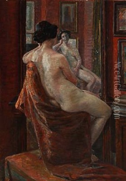 A Female Model Reflecting Herself Oil Painting - Jens Lund