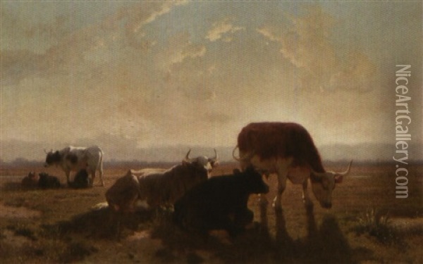 La Traite Des Vaches Au Coucher De Soleil Oil Painting - Louis Robbe